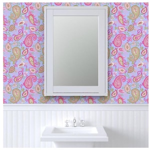 Retro Paisley Wallpaper: Lilac, Periwinkle, Pink & Green (Peel and Stick or Prepasted)