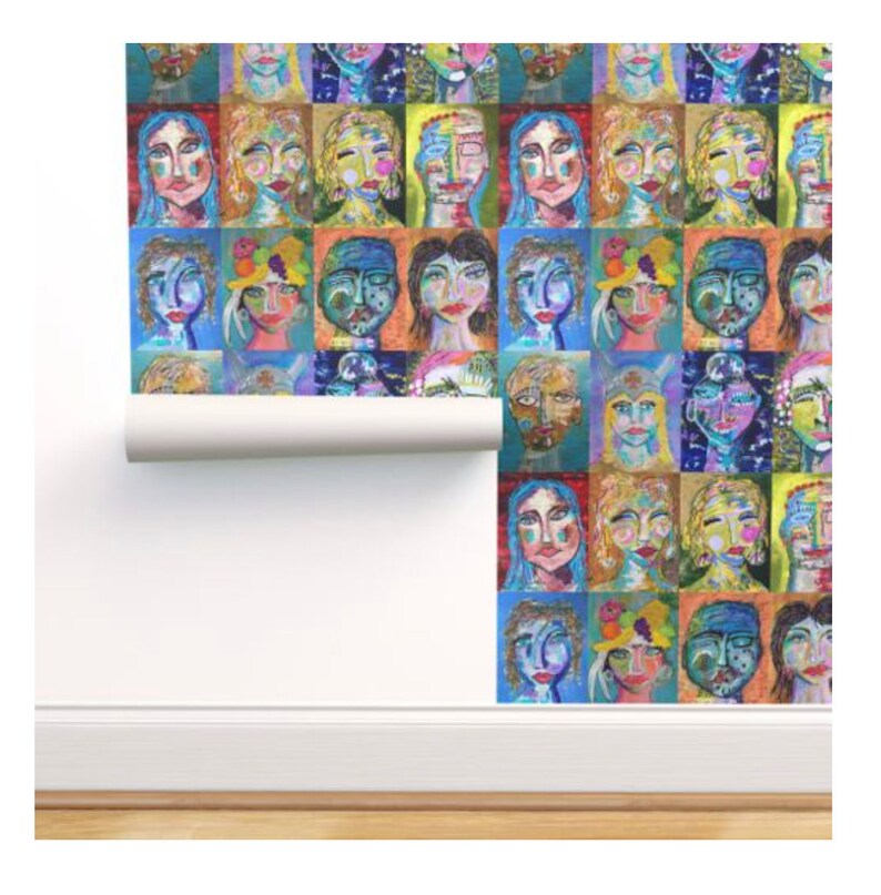 May include: A colorful wallpaper design featuring a repeating pattern of abstract faces. The faces are painted in a variety of colors, including blue, green, yellow, orange, and red. The wallpaper is perfect for adding a touch of whimsy and personality to any room.