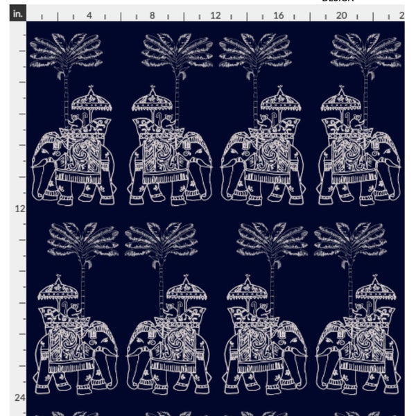 Indian Elephant Block Print - Midnight Navy Blue with  Ivory Outlines