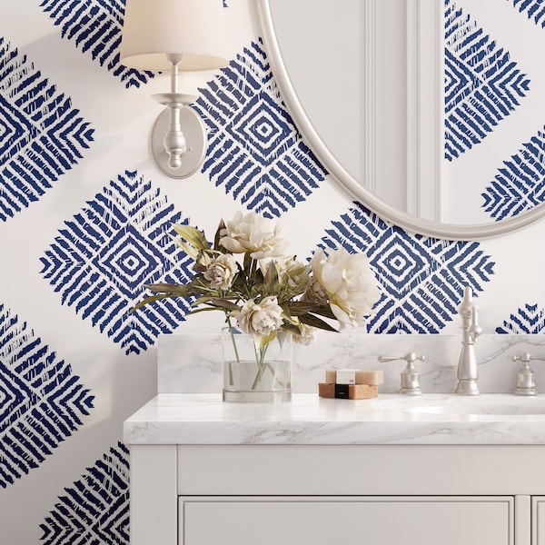 Tribal Ikat Diamonds - White and Navy Blue Wallpaper (pre-pasted and peel & stick options)