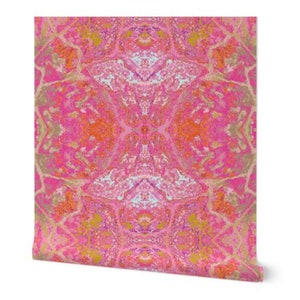 May include: Abstract wallpaper with a pink, orange and gold colour scheme. The pattern is symmetrical and features a swirling, marbled design.