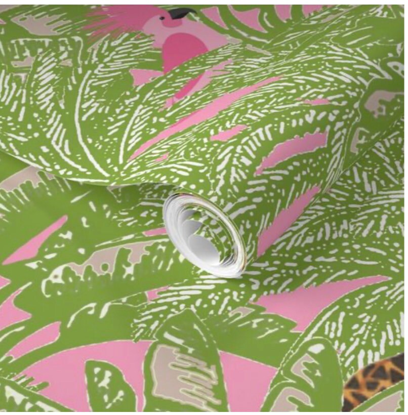 Pink Raptor Wallpaper LEOPARDS in a Pink Jungle Wallpaper - Etsy