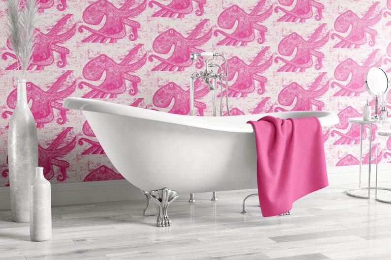 Rustic Octopus  Block Print - Wallpaper - Pink & White 