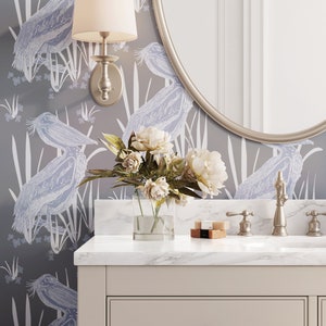 Blue Pelican Wallpaper: Coastal Bathroom Decor (Removable Options)