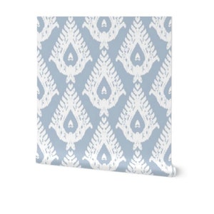 Traditional Teardrop Ikat Wallpaper -  White and Beach House Blue  (pre-pasted and peel and stick options)
