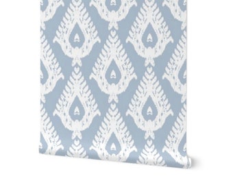 Traditional Teardrop Ikat Wallpaper -  White and Beach House Blue  (pre-pasted and peel and stick options)