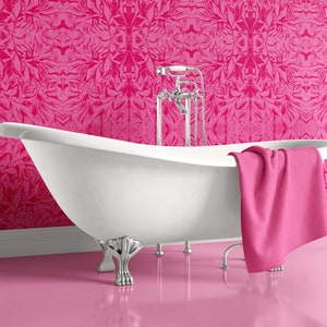 Carved Lilies Damask Wallpaper -  Hot Lipstick Pink