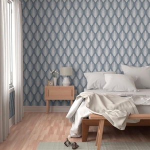 Stag Leaves Ikat Wallpaper: French Blue, Silver Gray (Peel and Stick)
