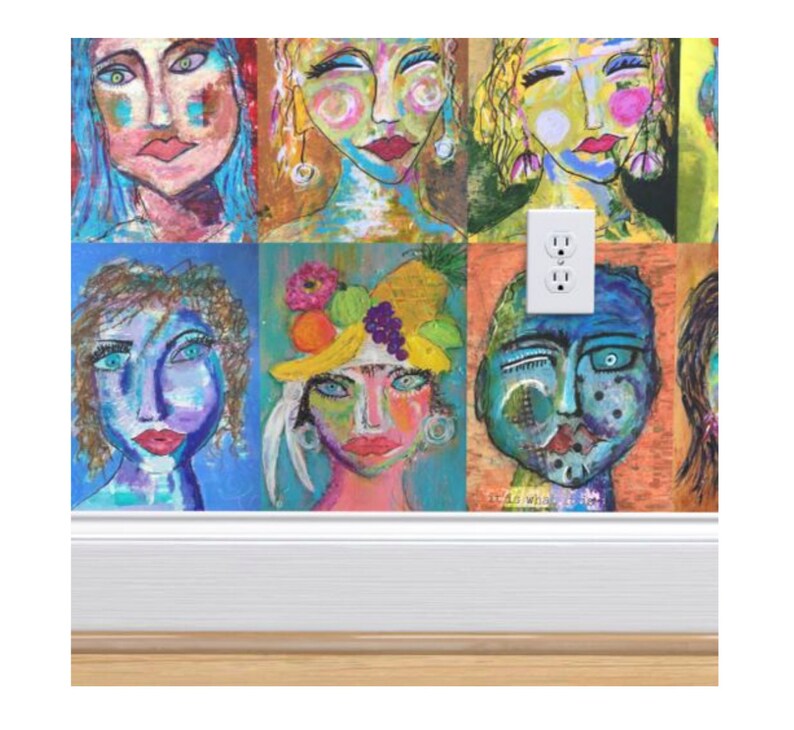 May include: A colorful collage of nine abstract faces painted in a variety of styles. The faces are all different shapes and sizes, and they are painted in bright, bold colors. The collage is framed by a white border.