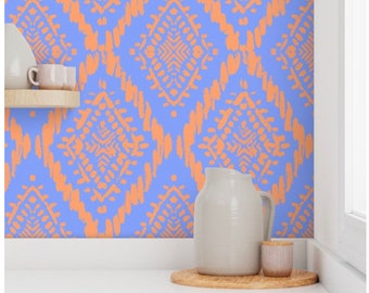 Scribbled Diamond Ikat Wallpaper Orange and Blue