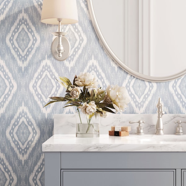 Diamond Ikat  Wallpaper - Beach House Blue & White - large scale  (Removal and Classic Pre-Pasted Options).