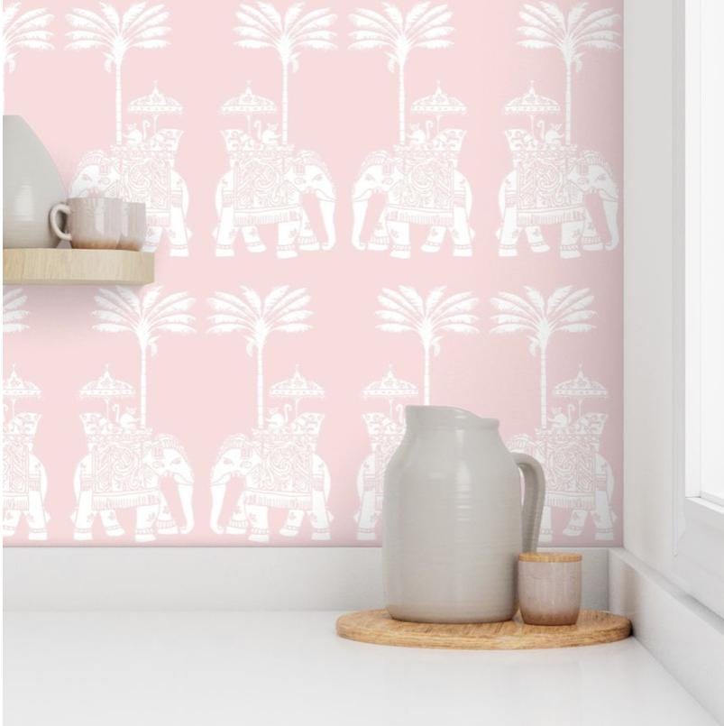 Indian Elephant Block  Wallpaper in Sangria Pink and White