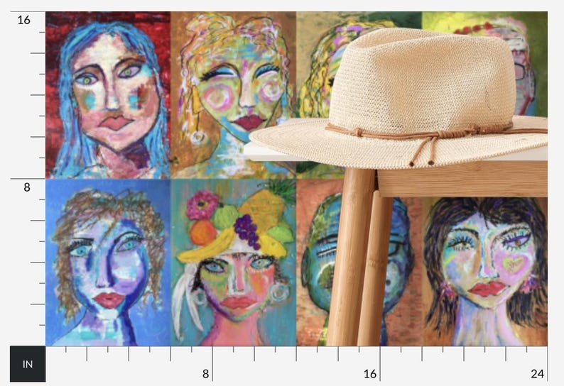 May include: A collage of eight colorful portraits of women with various hairstyles and accessories. The portraits are arranged in a grid pattern and are painted in a whimsical style. A straw hat with a brown leather band is placed on top of the collage.
