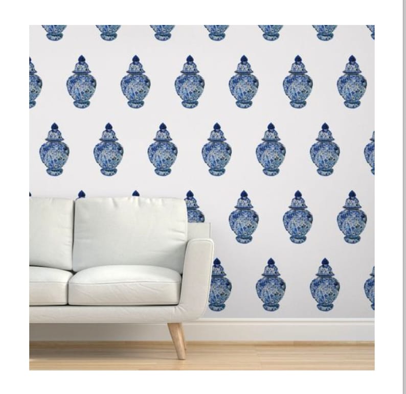 Blue & White Ginger Jar Wallpaper on a Ivory Background Etsy