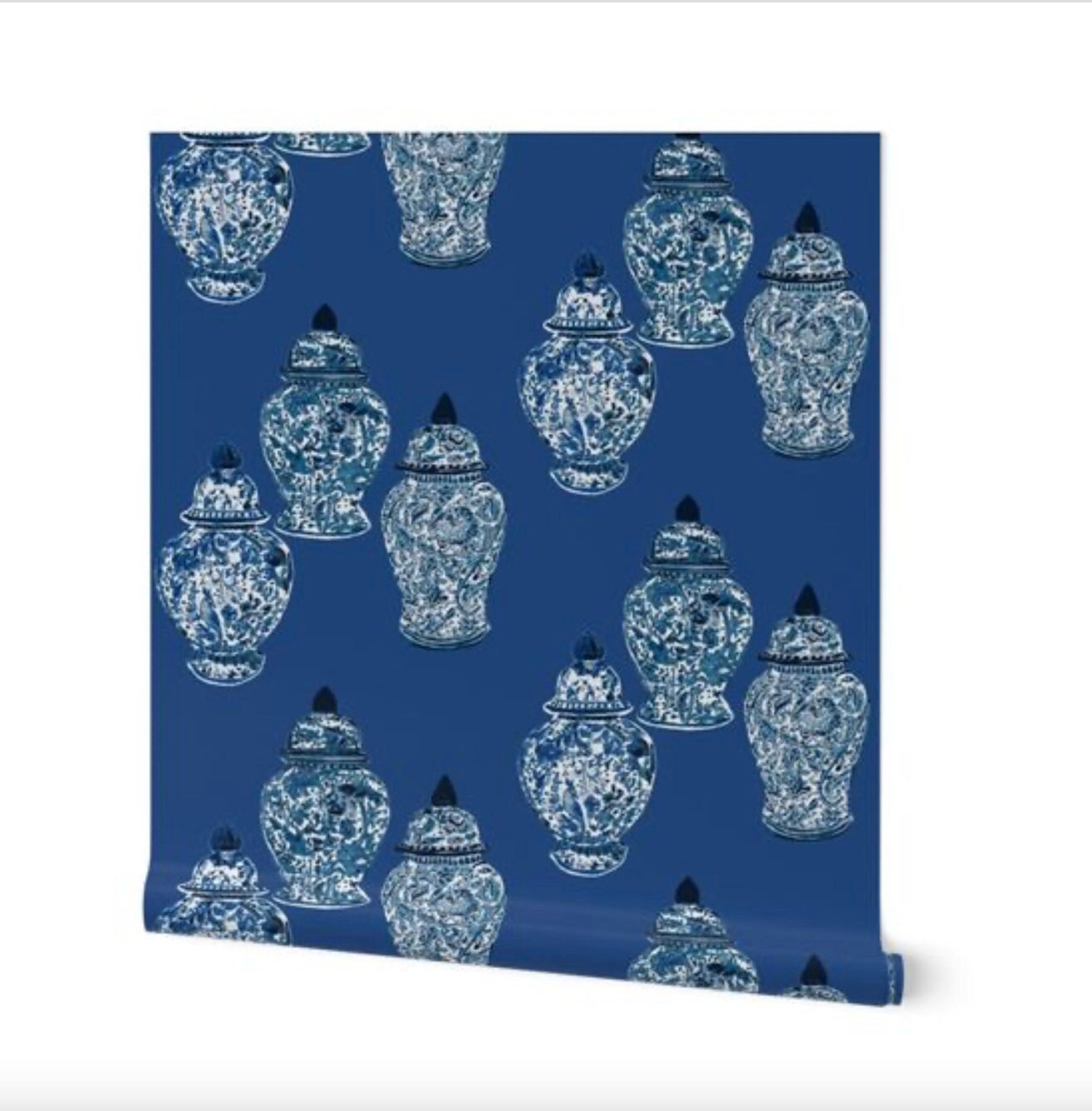 Blue & White Ginger Jar Wallpaper on a Blue Background Etsy