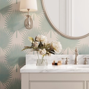 Palmetto Leaves in Sugar Bag Blue and Beige Wallpaper