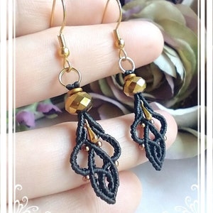 2 1/4&quot; Macrame Earrings, Simple Earrings, Light Earrings, Beaded Earrings, Drop Earrings, Charm Earrings, Dangle Earrings, Black Earrings.