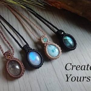 Simple and small macrame necklace. Create your own. 
From left to right : Brown macrame with rutile quartz and gold bead, black macrame with moonstone, Beige Macrame with Larimar and milky blue crystal, Black macrame with labradorite and silver bead.