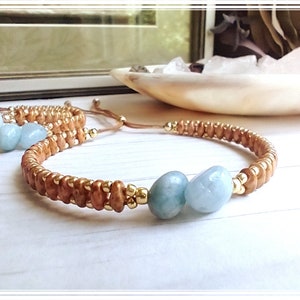 Aquamarine Bracelet, Beaded Bracelet, Natural Blue Stone Bracelet, Super-Duo Bracelet, Vintage Rose-Gold Luster Bracelet, String Bracelet.