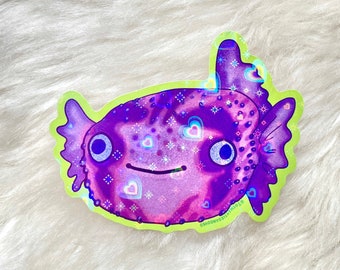 Cute Purple Pufferfish Sticker holographic hearts vinyl 4.25” x 3.5”