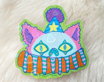 Sad Cat Clown holographic Vinyl Sticker 3.75” x 3.75”