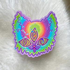 Psychic Acid Cat Sticker Rainbow Holographic 4” x 3.75”