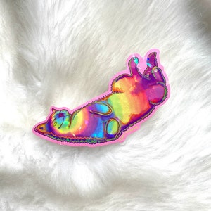 Pu&ograve; includere: Un adesivo olografico arcobaleno di un gatto sdraiato sulla schiena con le zampe in aria. L'adesivo &egrave; su una superficie bianca e soffice.