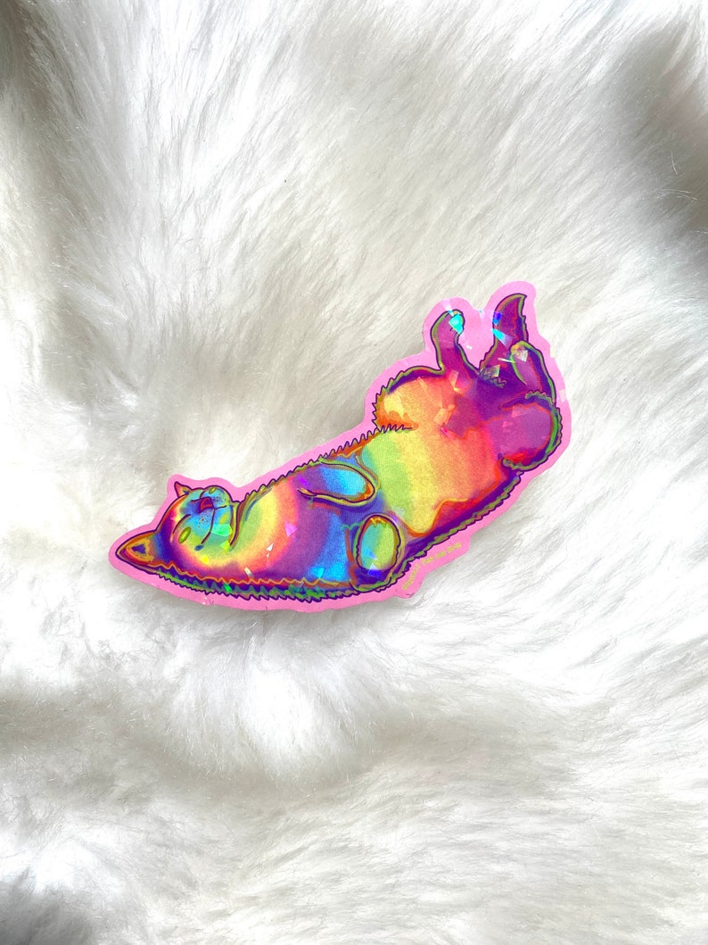 Pu&ograve; includere: Un adesivo olografico arcobaleno di un gatto sdraiato sulla schiena con le zampe in aria. L'adesivo &egrave; su una superficie bianca e soffice.