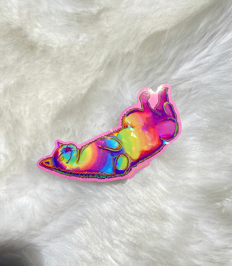 Pu&ograve; includere: Un adesivo di gatto arcobaleno olografico su uno sfondo bianco soffice. Il gatto &egrave; sdraiato sulla schiena con le zampe in aria.