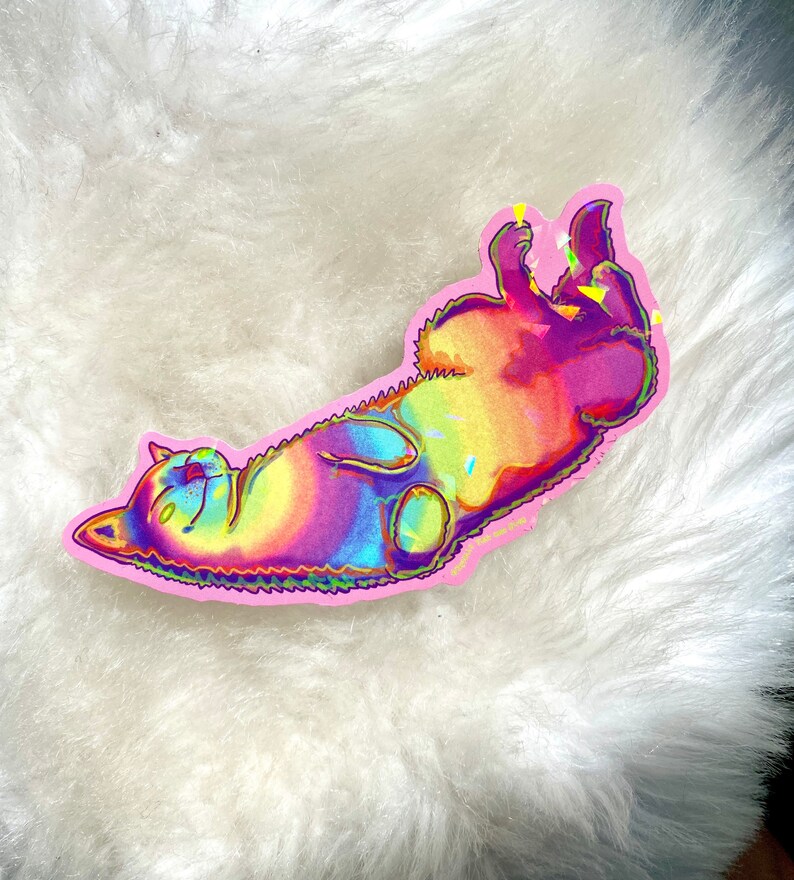 Pu&ograve; includere: Un adesivo di gatto arcobaleno su sfondo rosa. Il gatto &egrave; sdraiato sulla schiena con le zampe in aria.
