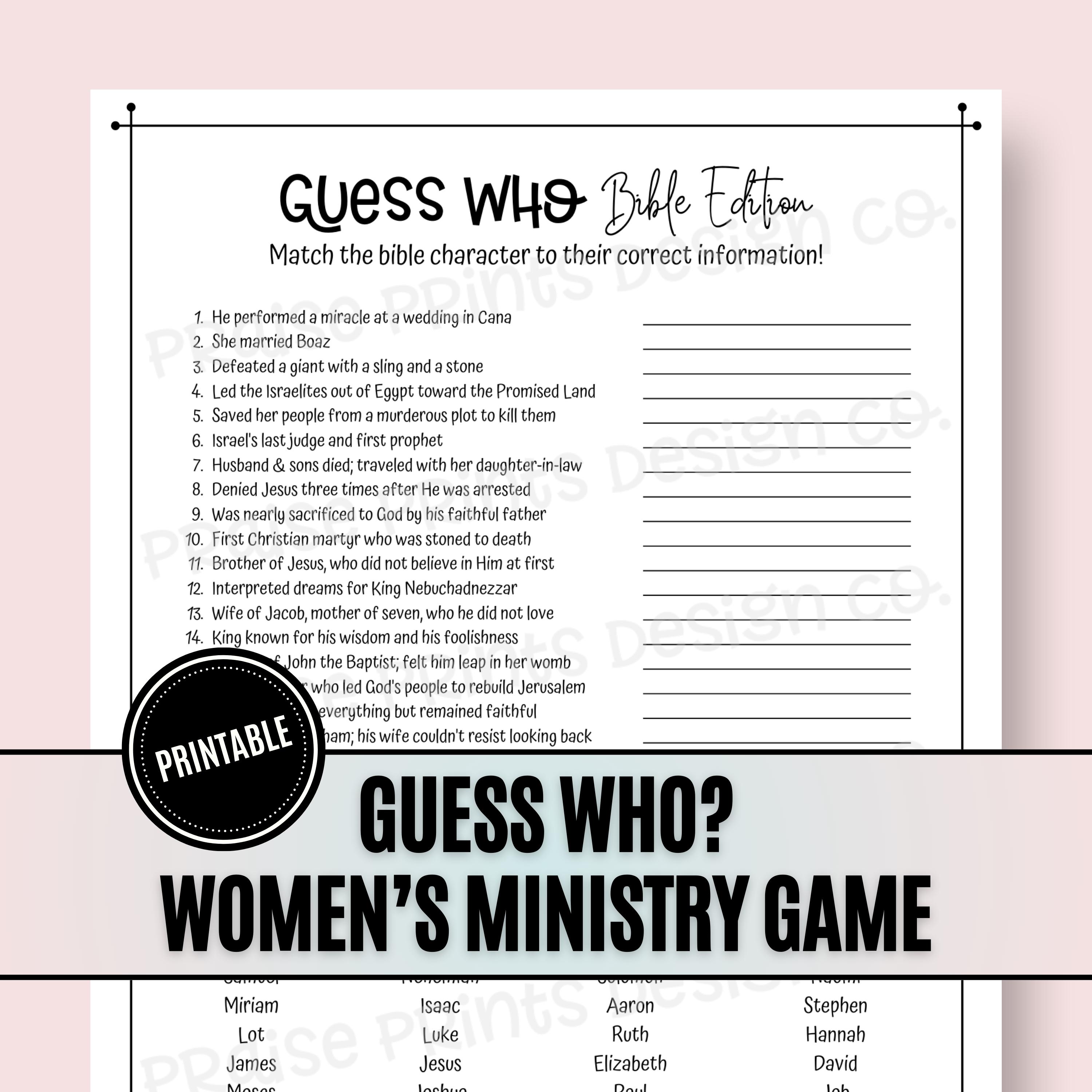 Guess Who Christian Ministry Game, Bible Games, Christian Printable, Women's Retreat Activity, Fun Icebreaker, Bible Knowledge, Youth Kids