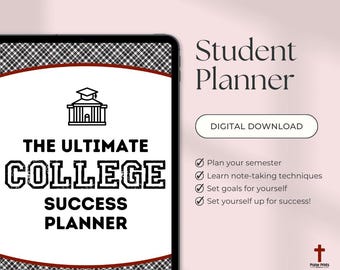 Puede incluir: Una descarga digital para un planificador de éxito universitario. El planificador presenta una ilustración en blanco y negro de un edificio escolar con un gorro de graduación en la parte superior. El texto "The Ultimate College Success Planner" está en negrita negra. El texto "Descarga digital" está en blanco sobre un botón rojo. Una lista de características incluye: Planifica tu semestre, Aprende técnicas de toma de notas, Establece metas para ti mismo, ¡Prepárate para el éxito!