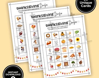 May include: A set of 30 unique Thanksgiving Bingo cards. Each card has a 5x5 grid with images of Thanksgiving-themed items like a turkey, pumpkin pie, and corn. The text "Thanksgiving Bingo" is at the top of each card.