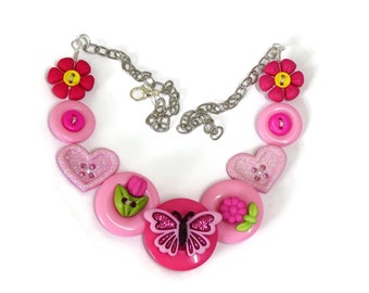 Girls Pink Butterfly Button Necklace, Handmade Whimsical Jewelry, Adjustable Length,  Australian seller