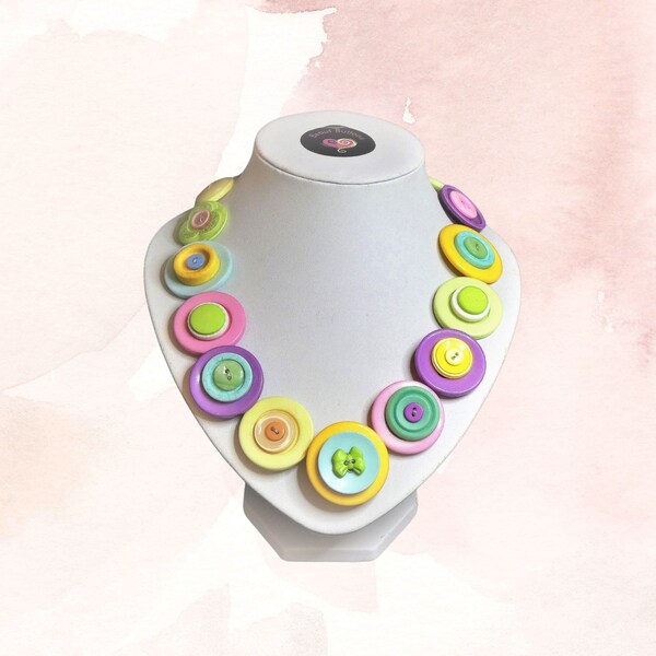 Multi color button necklace, pastel colors, Button jewelry, colorful necklace, rainbow buttons, handmade jewelry, boho necklace