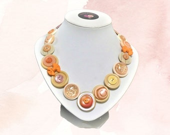 Orange Upcycled Button Statement Necklace - Handcrafted Eco-Friendly Jewelry