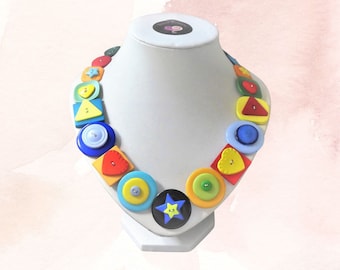 Vibrant Upcycled Button Statement Necklace - Handcrafted Eco-Friendly Jewelry