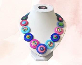 Vibrant Upcycled Button Statement Necklace - Handcrafted Eco-Friendly Jewelry