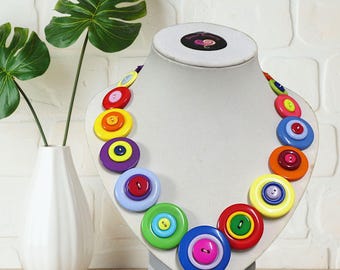 Handmade Multicolor Button Statement Necklace, Upcycled Jewelry