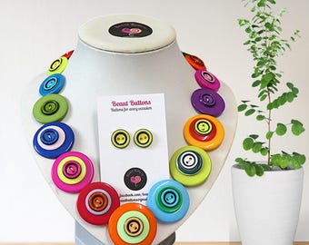 Handmade Button Necklace and Earrings Set: Colorful Upcycled Jewelry