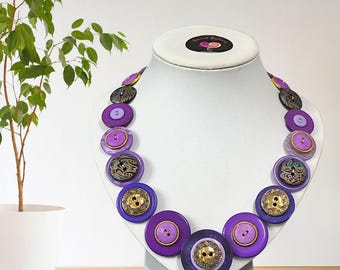 Handmade Button Necklace: Purple & Gold Statement jewelry