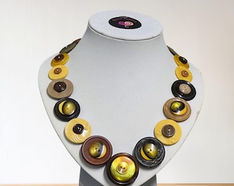Handmade Vintage Button Necklace: Brown & Yellow Statement Jewelry