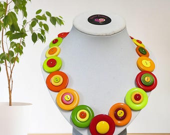 Chunky Button Statement Necklace, Colourful Handmade Jewellery, Red Orange Yellow Green