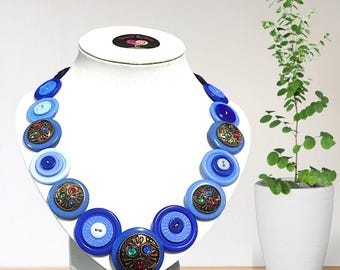 Arabian Nights Statement Necklace – Vintage Rhinestone Button Necklace in Blue, One of a Kind Handmade Jewelry