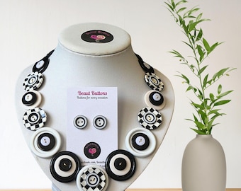 Handmade Black & White Checkerboard Necklace and Stud Earrings Set