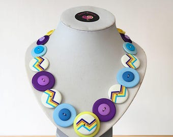 Multicolor Zig Zag Button Necklace: Handmade Boho Statement Jewelry