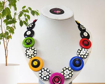 Unique button necklace, black and white spots, colorful necklace for her