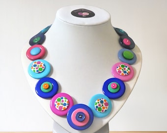 Handmade Button Necklace: Vibrant Multicolor Boho Statement Jewelry Australian seller