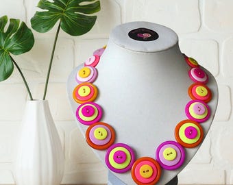 Colorful Button Necklace,  Vibrant orange and hot pink necklace, handmade jewelry