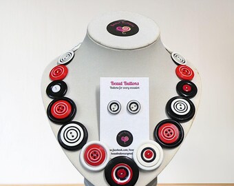 Red White Black Button Necklace and Earrings, Upcycled Jewelry Set